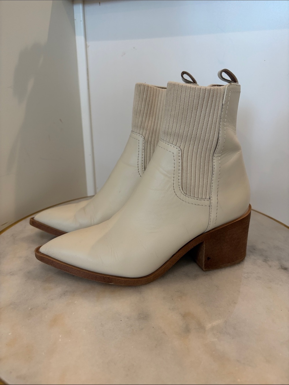 Steve Madden Cream Pointed-Toe Ankle Booties with Block Heel